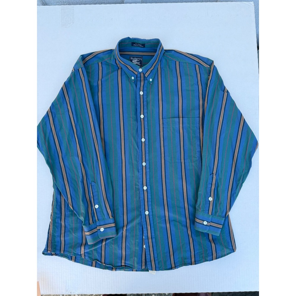 VINTAGE Burberrys Striped Shirt XL Blue Green Button Down Long Sleeve Made USA